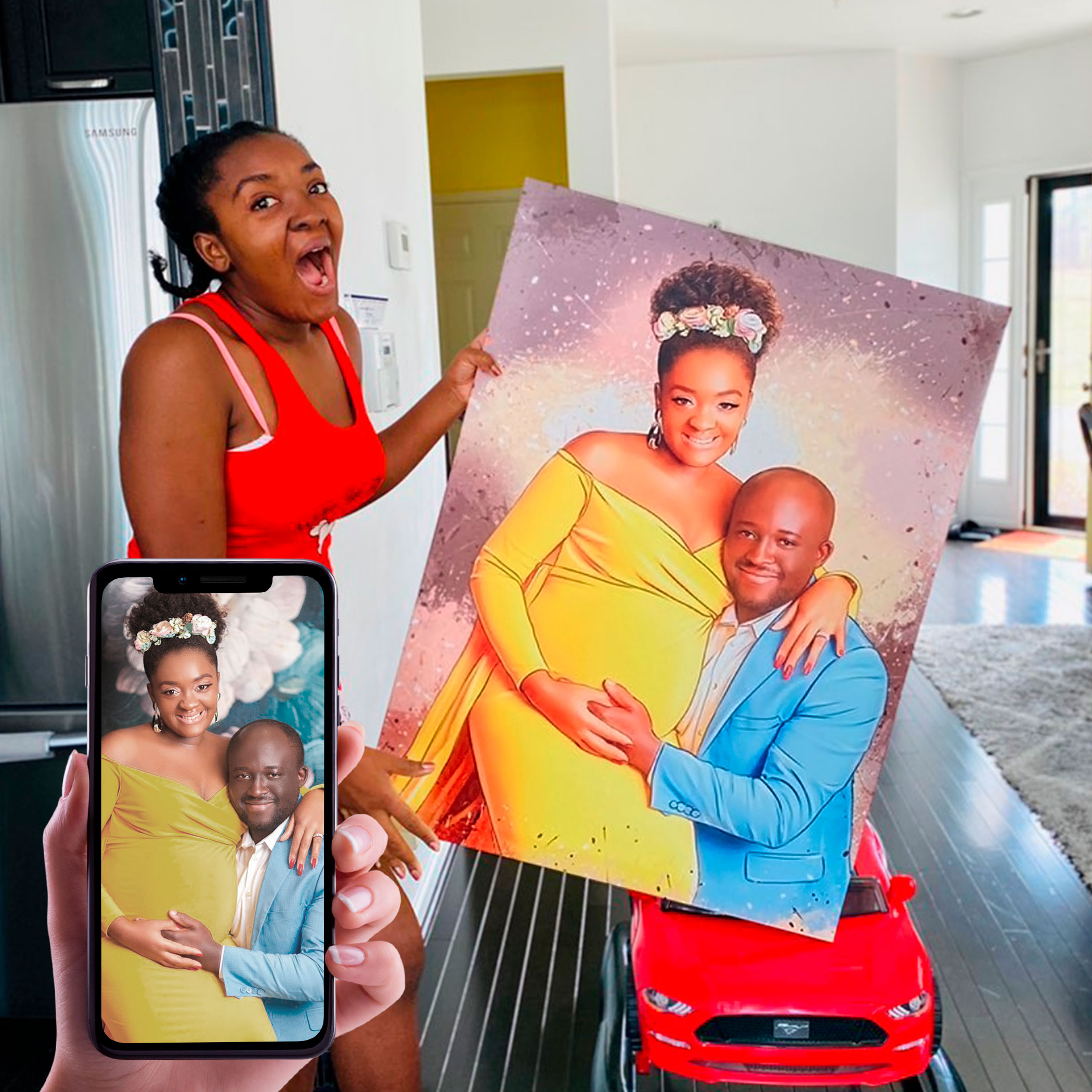 Customer holding her colorful couple portrait beside the original photo
