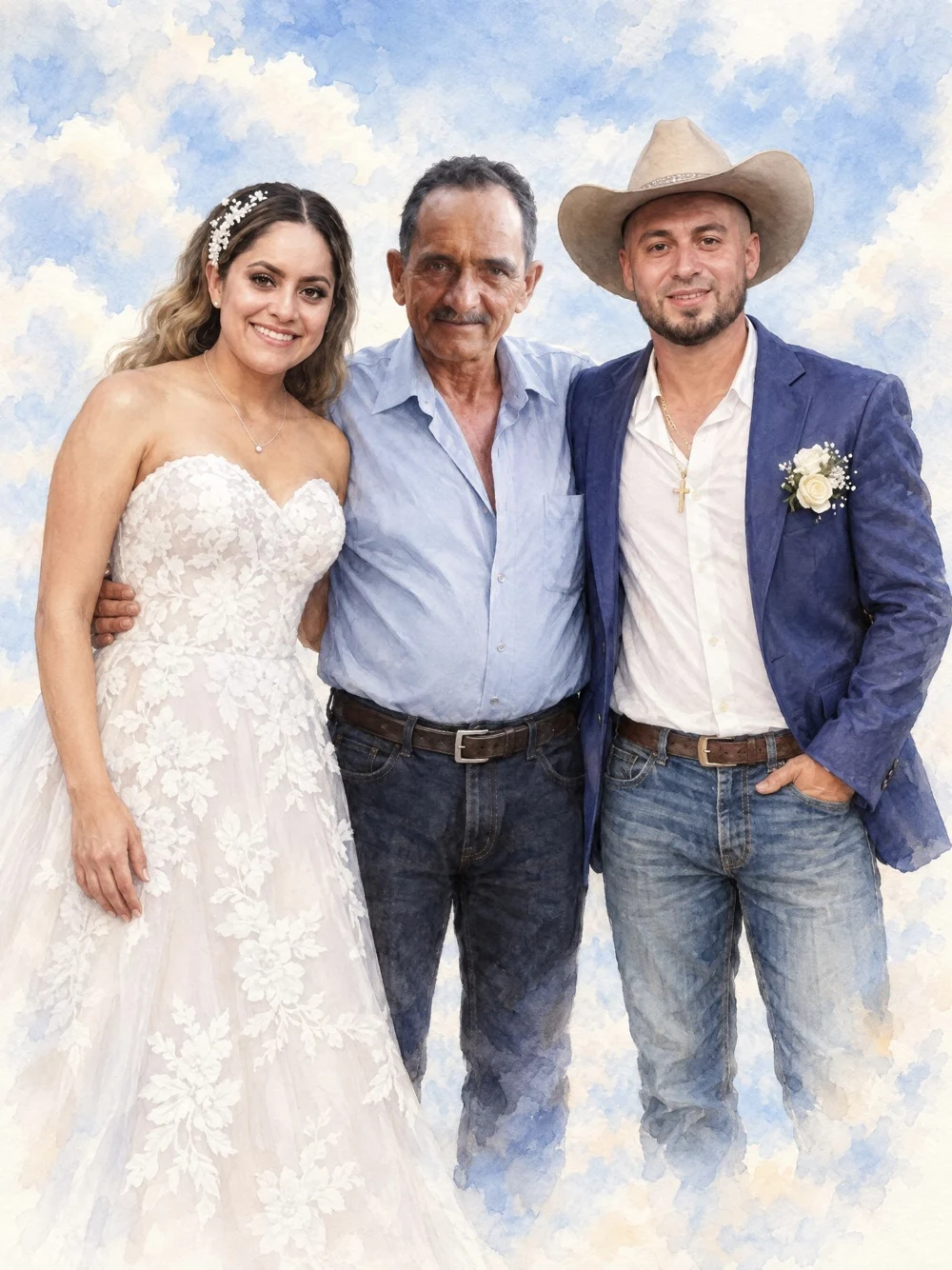 A watercolor portrait bringing the father and wedding couple together